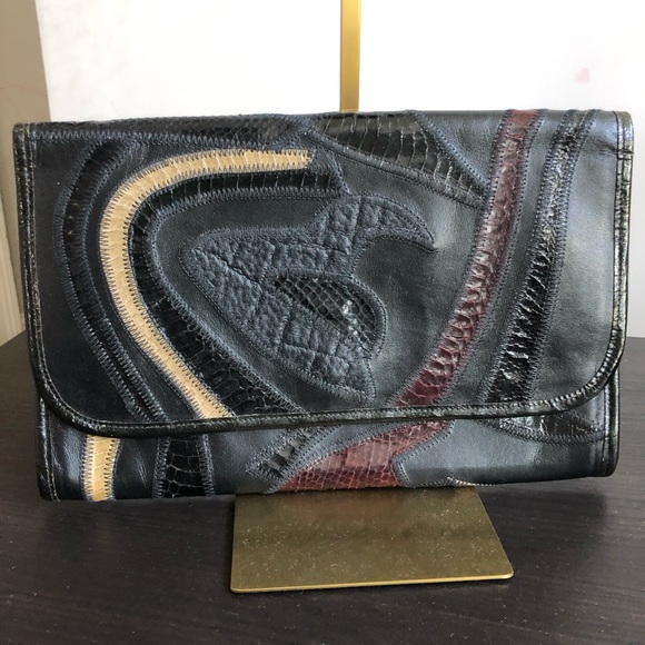 Vintage Leather Patchwork Clutch 12”x8”